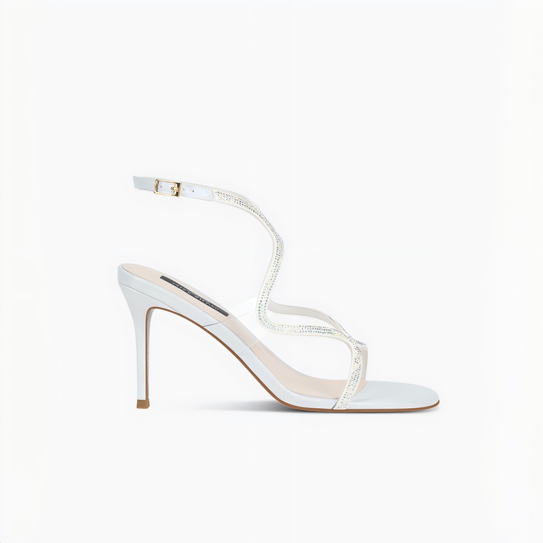 White Rhinestone Ankle Wrap Stiletto Heel Sandals