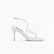 White Rhinestone Ankle Wrap Stiletto Heel Sandals