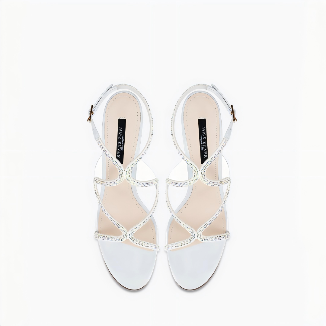 White Rhinestone Ankle Wrap Stiletto Heel Sandals