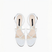 White Rhinestone Ankle Wrap Stiletto Heel Sandals