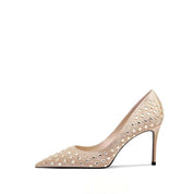 Champagne Silk Rhinestone Pointed Toe Pumps
