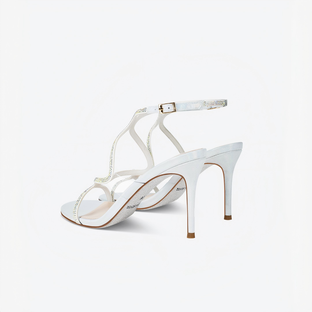 White Rhinestone Ankle Wrap Stiletto Heel Sandals