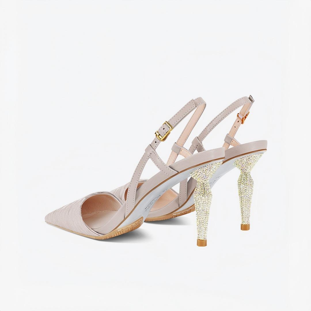 Rhinestone Heel Ruched Slingback Pumps