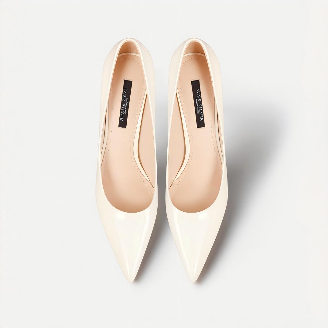 Off-white patent leather pointed-toe stiletto pumps