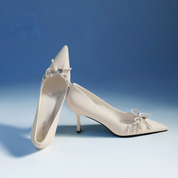 White Leather Crystal Bow Pointed Toe Bridal Pumps