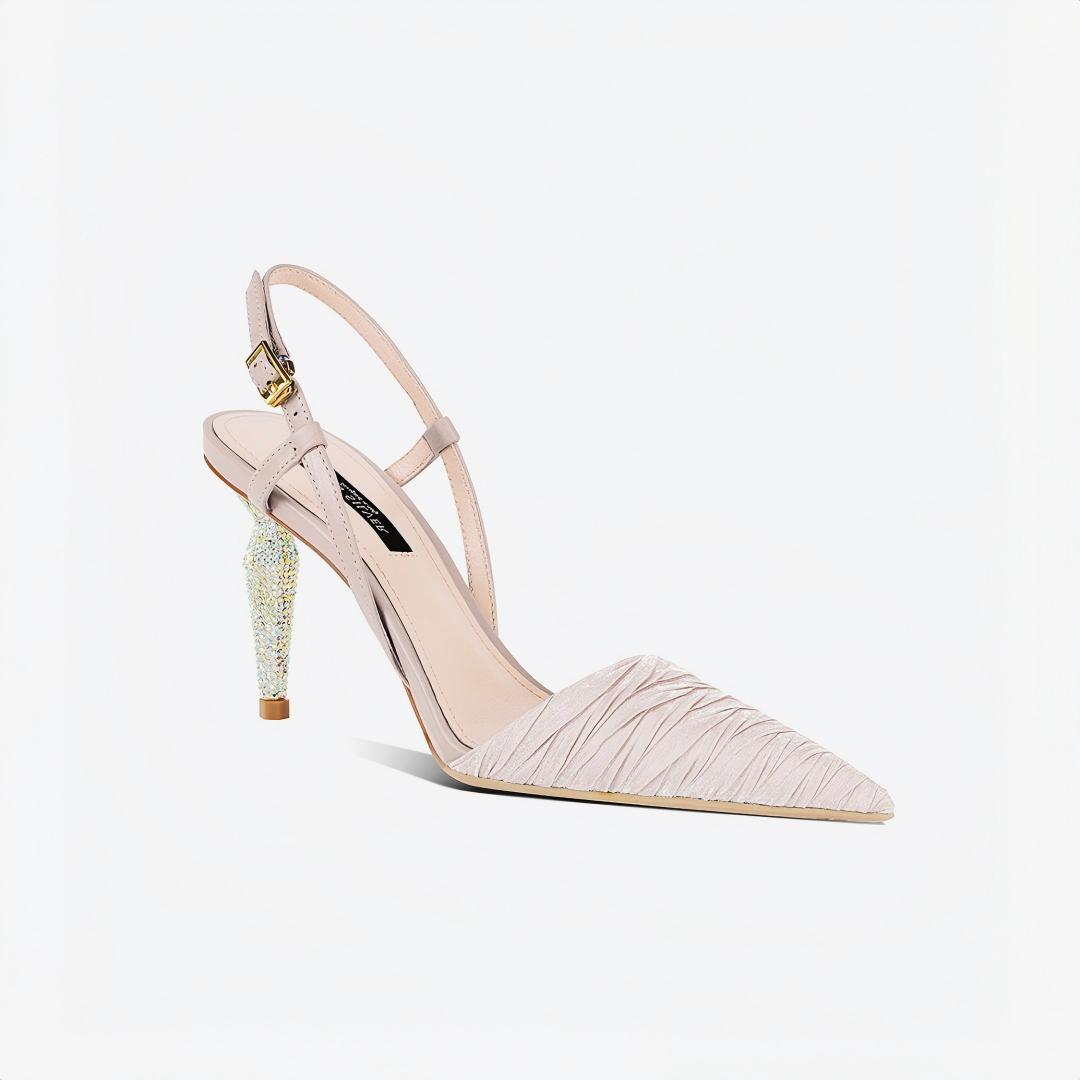 Rhinestone Heel Ruched Slingback Pumps
