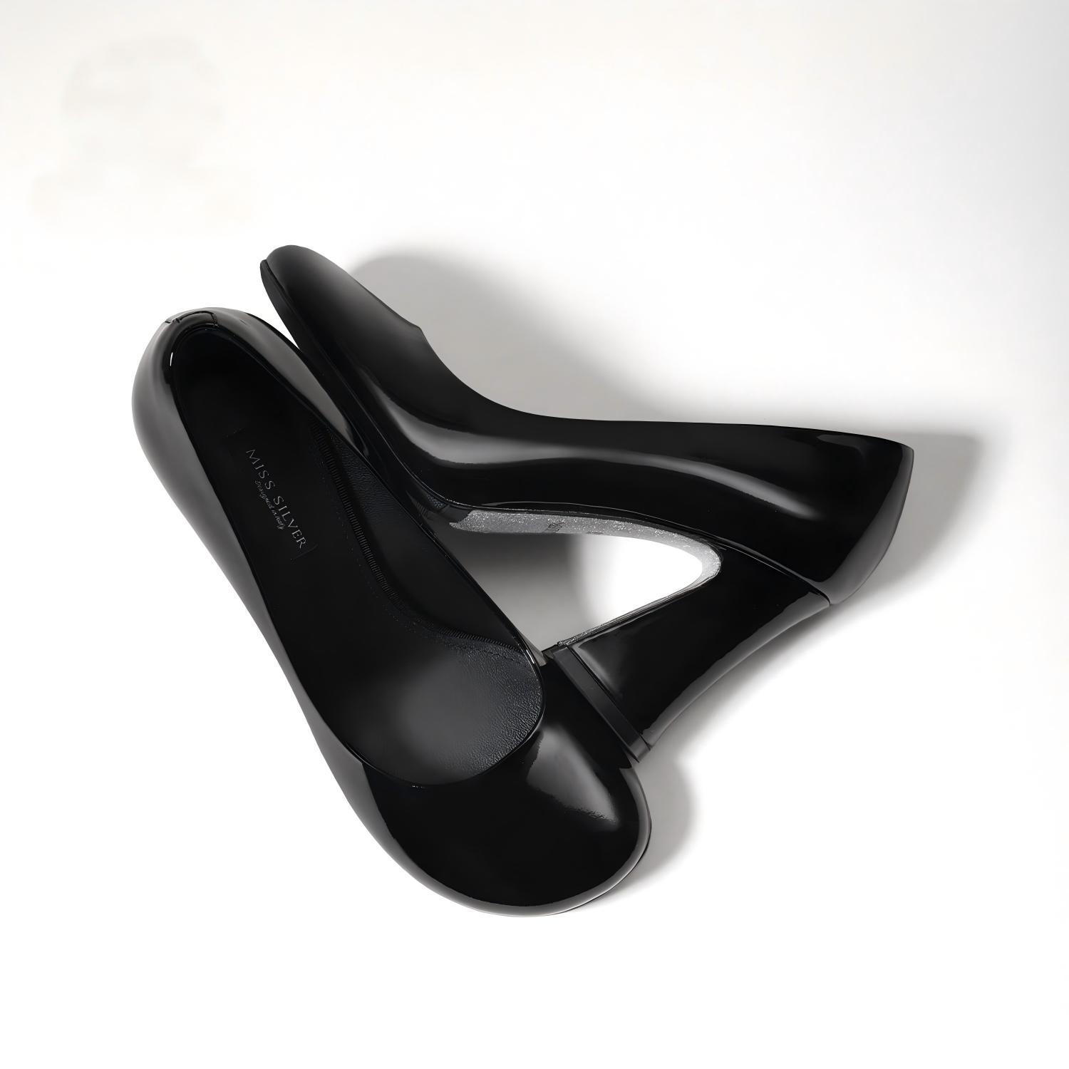 Black Patent Leather Block Heel Pumps with Polished Finish