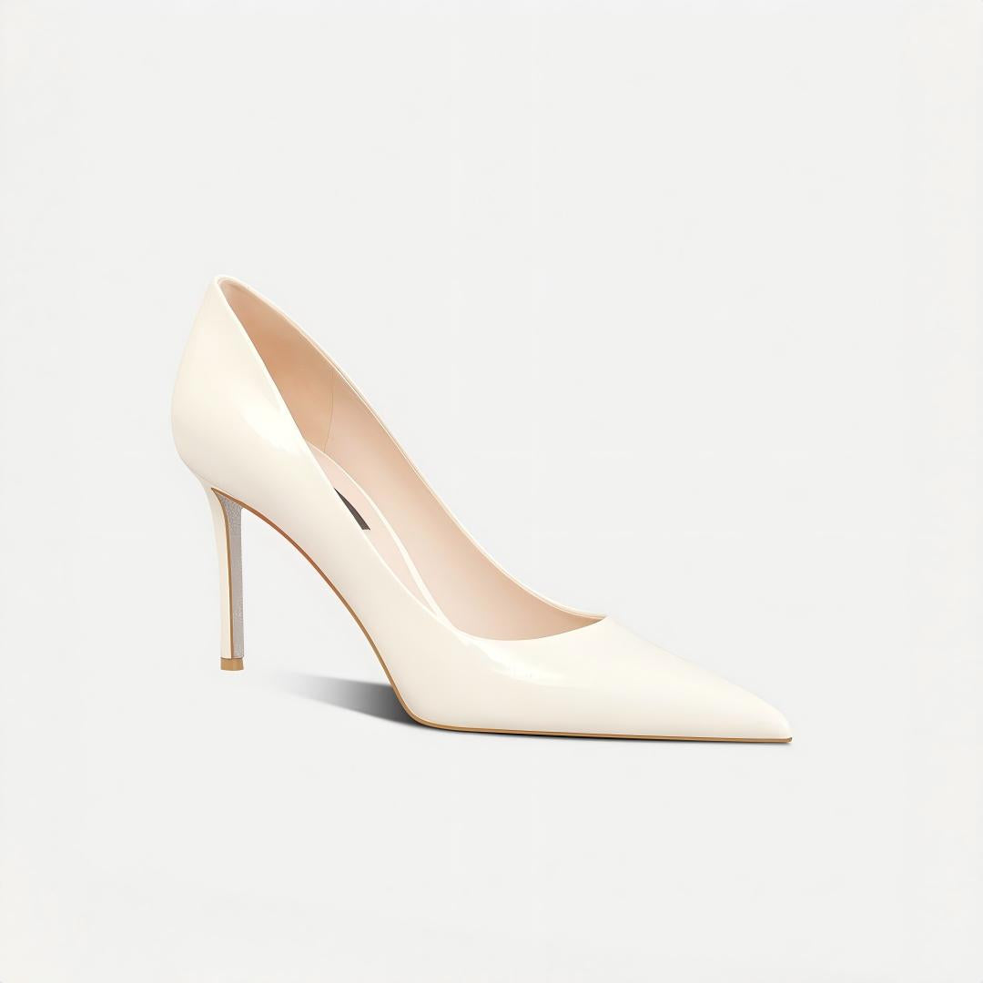 Off-white patent leather pointed-toe stiletto pumps