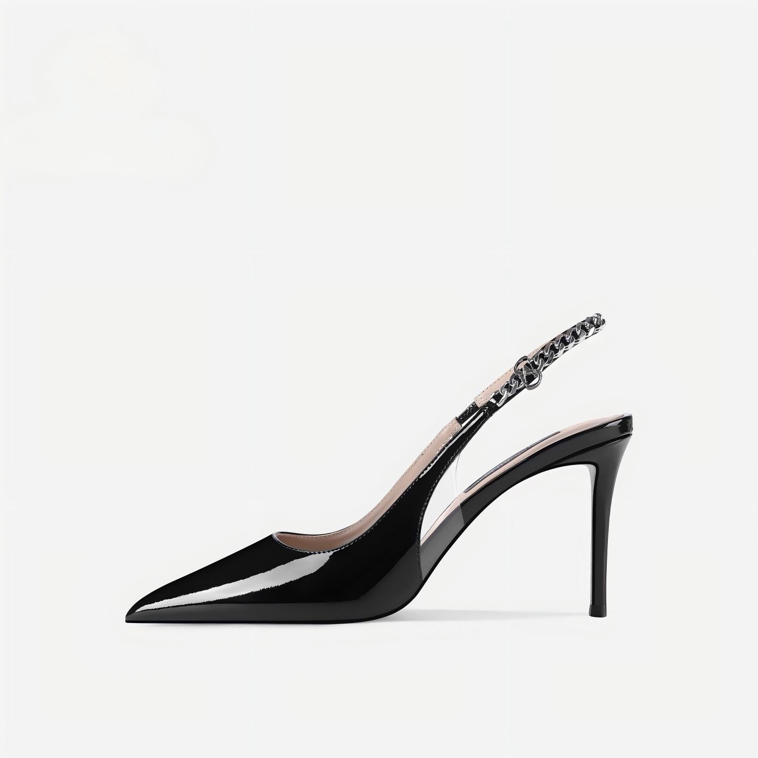 Black Patent Leather Pointed Toe Slingback Pumps