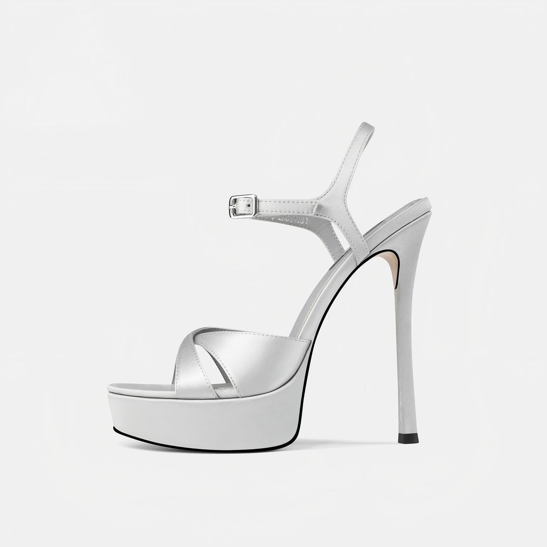 Silver Grey Satin Platform Ankle Strap Stiletto Heel Sandals