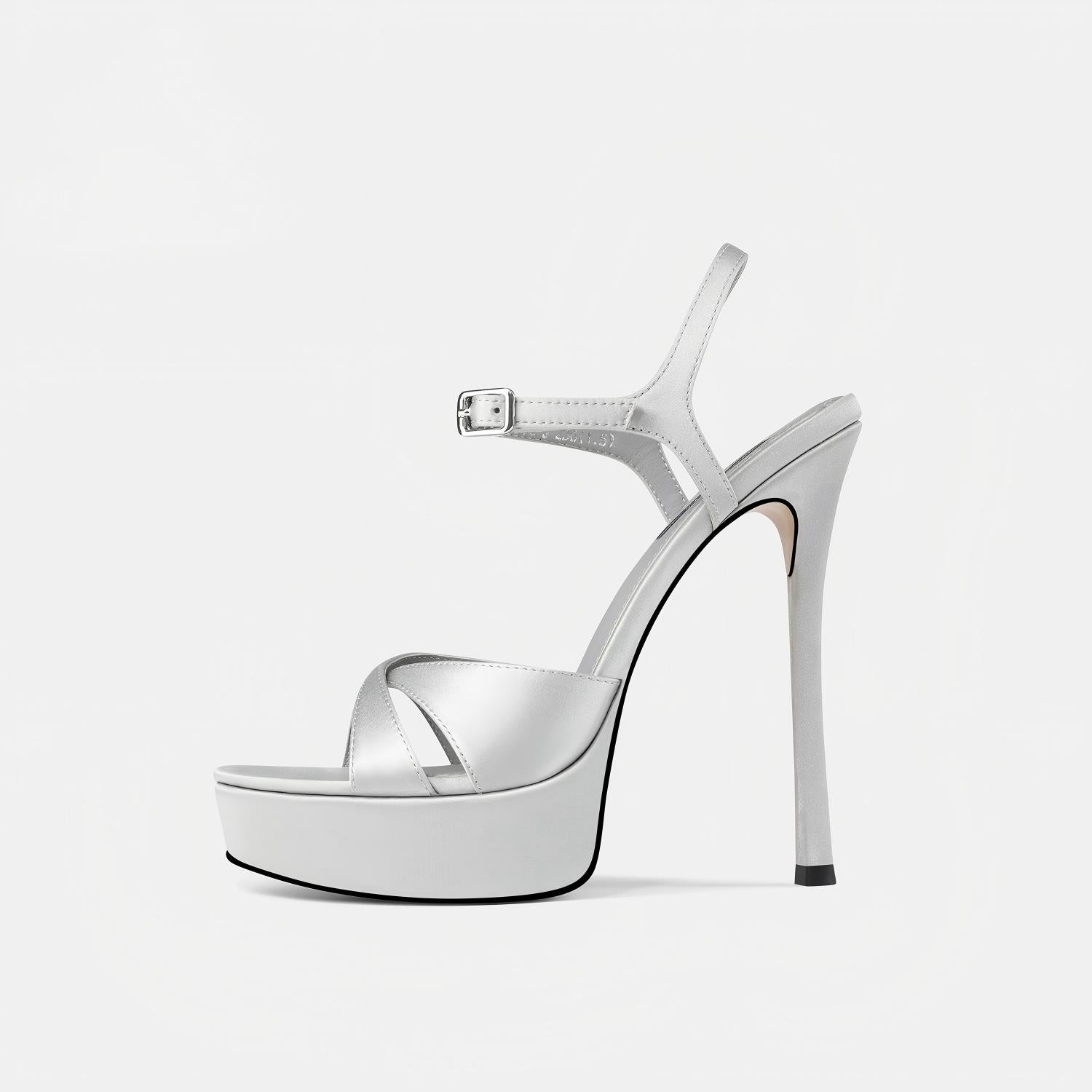 Silver Grey Satin Platform Ankle Strap Stiletto Heel Sandals