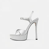 Silver Grey Satin Platform Ankle Strap Stiletto Heel Sandals