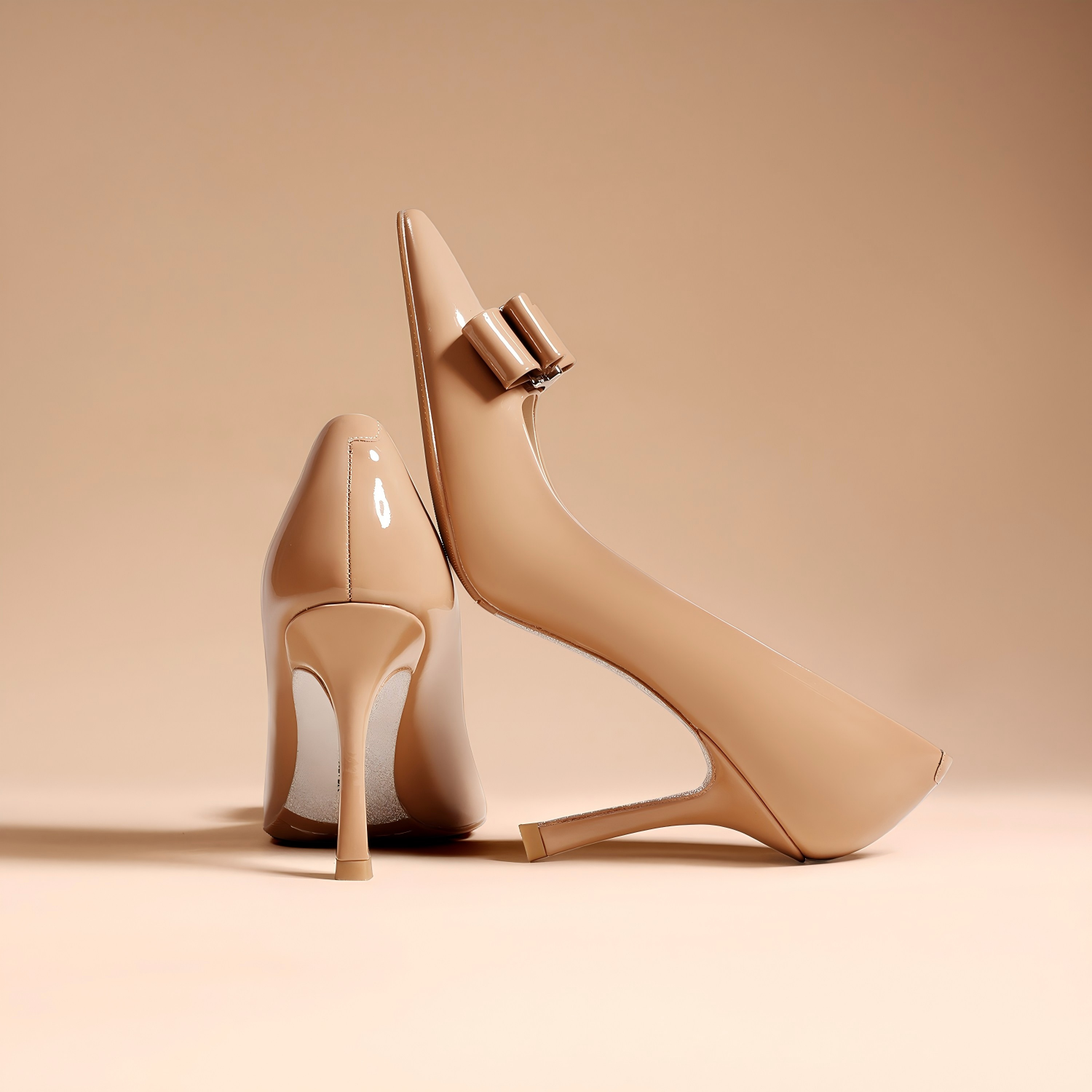 Nude Patent Leather Bow Pointed Toe Stiletto Pumps