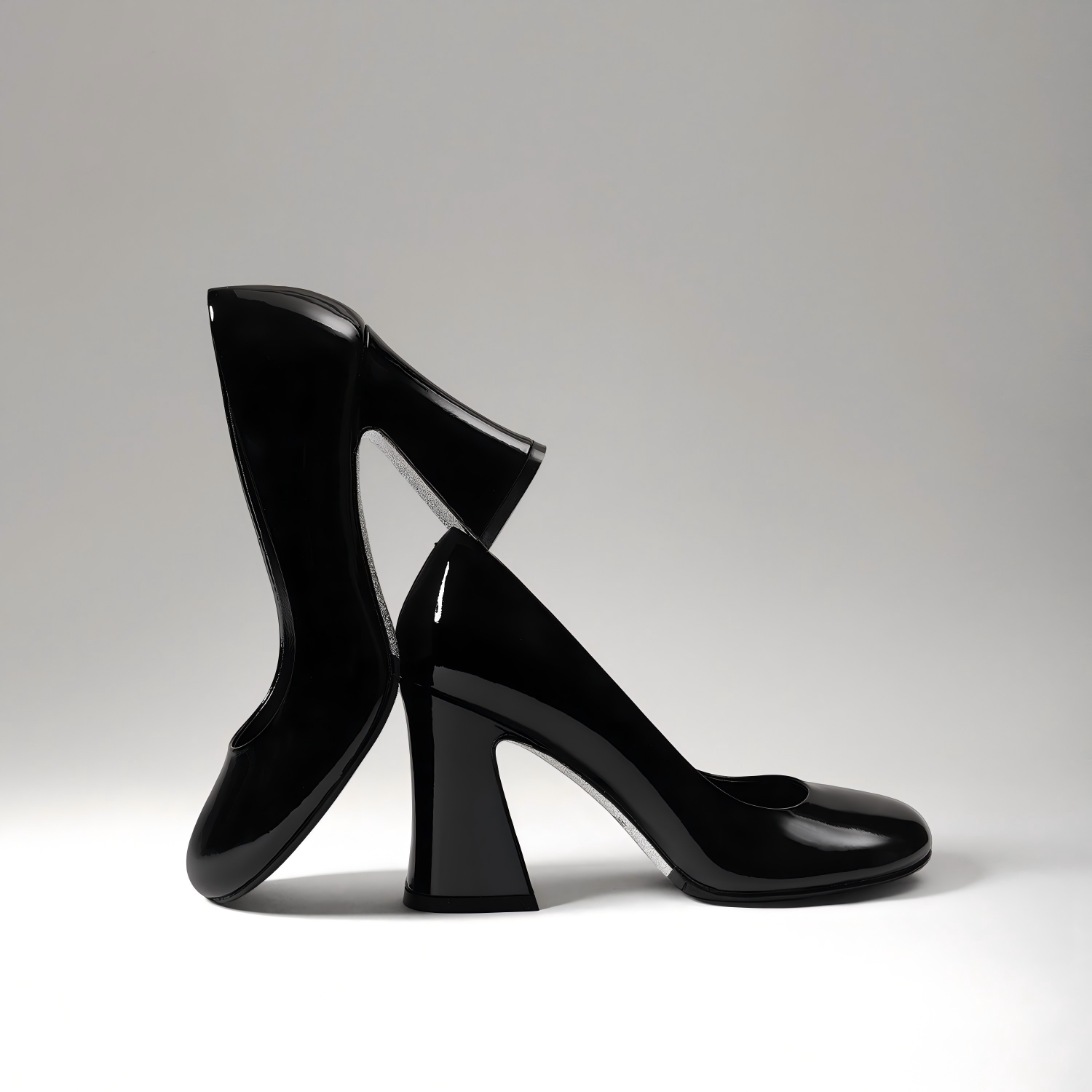 Black Patent Leather Block Heel Pumps with Polished Finish