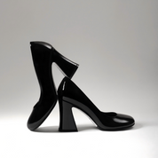 Black Patent Leather Block Heel Pumps with Polished Finish
