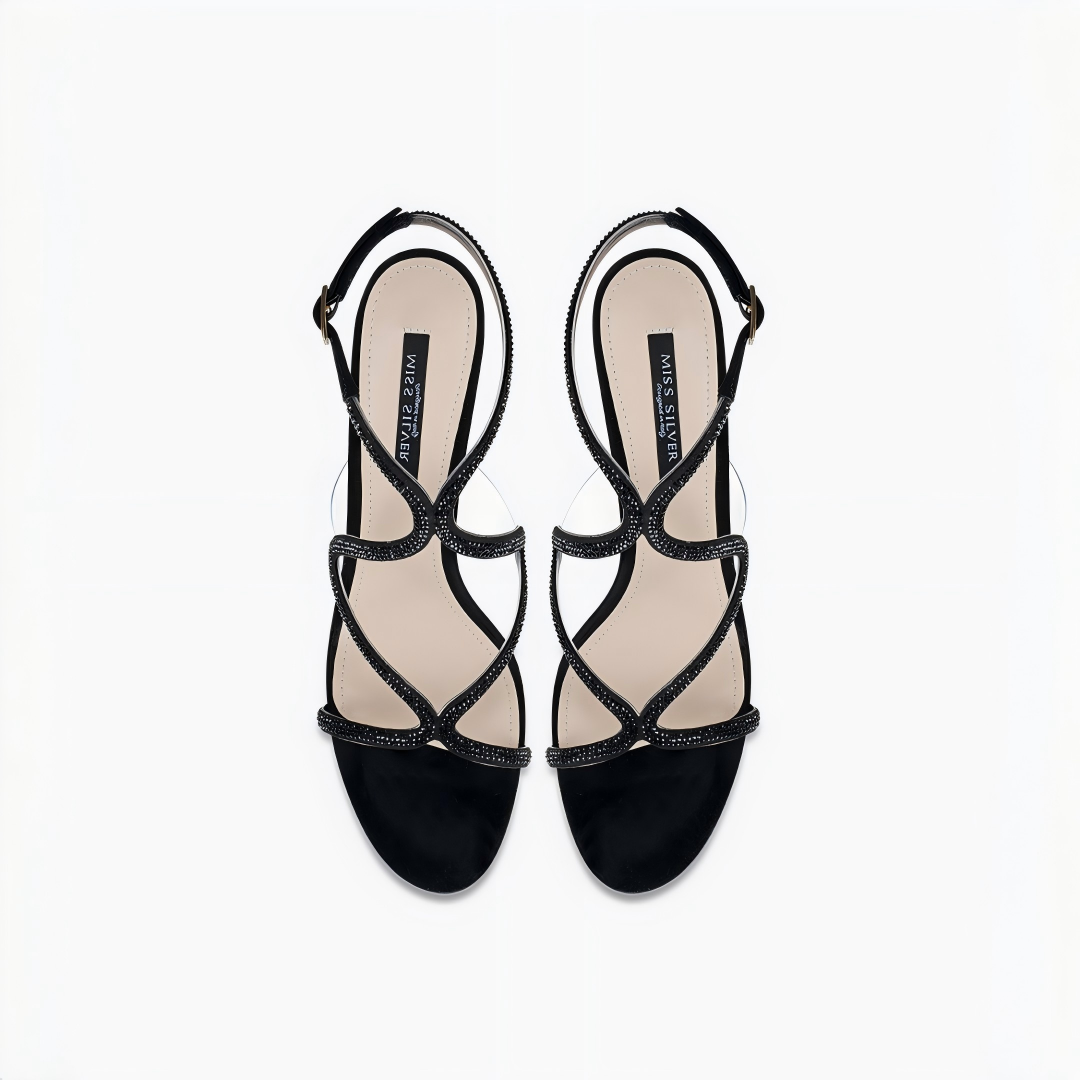 Black Rhinestone Ankle Strap Stiletto Heel Sandals