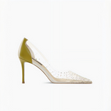 Avocado Green Clear PVC Rhinestone Pointed Toe Stiletto Pumps
