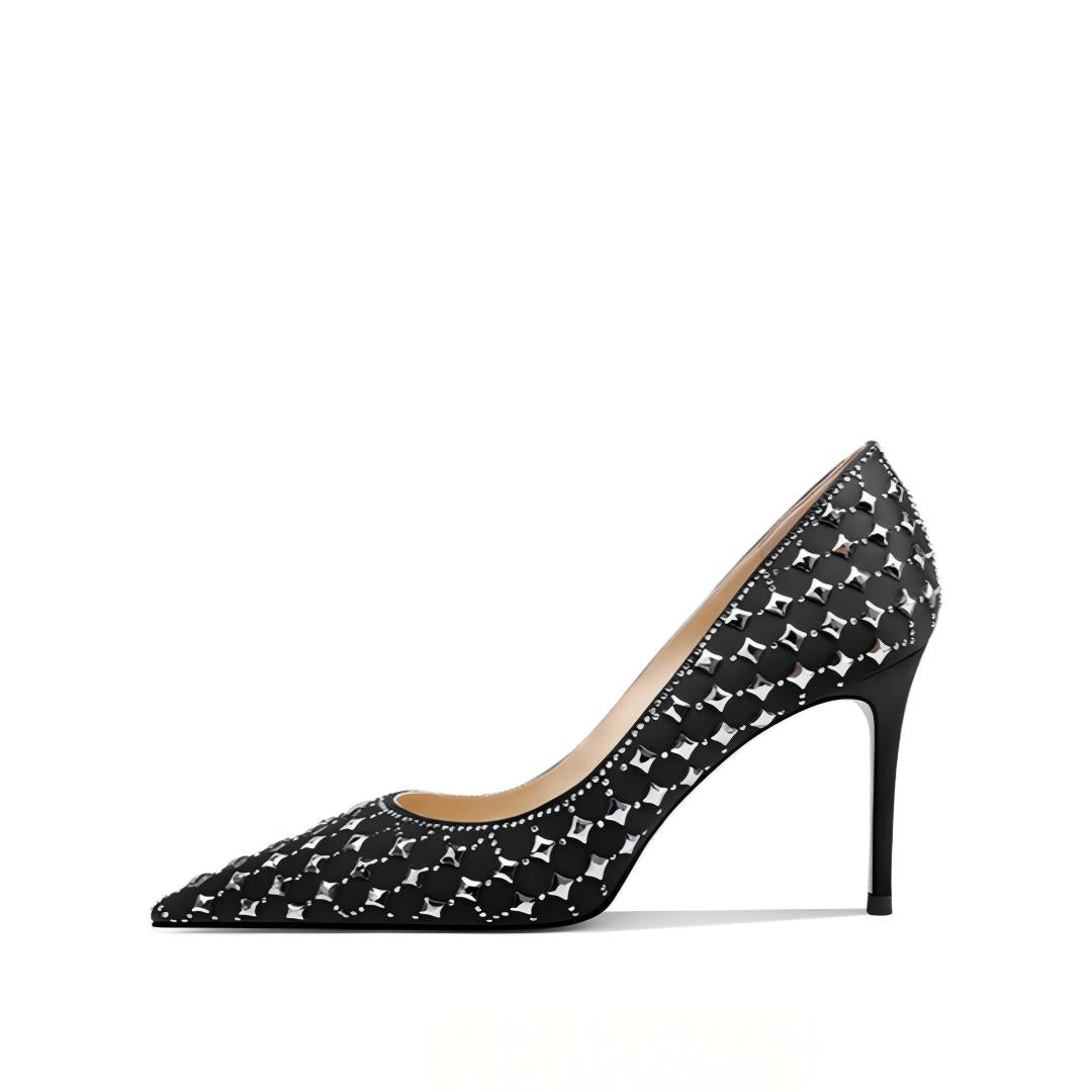 Black Silk Rhinestone Pointed Toe Pumps