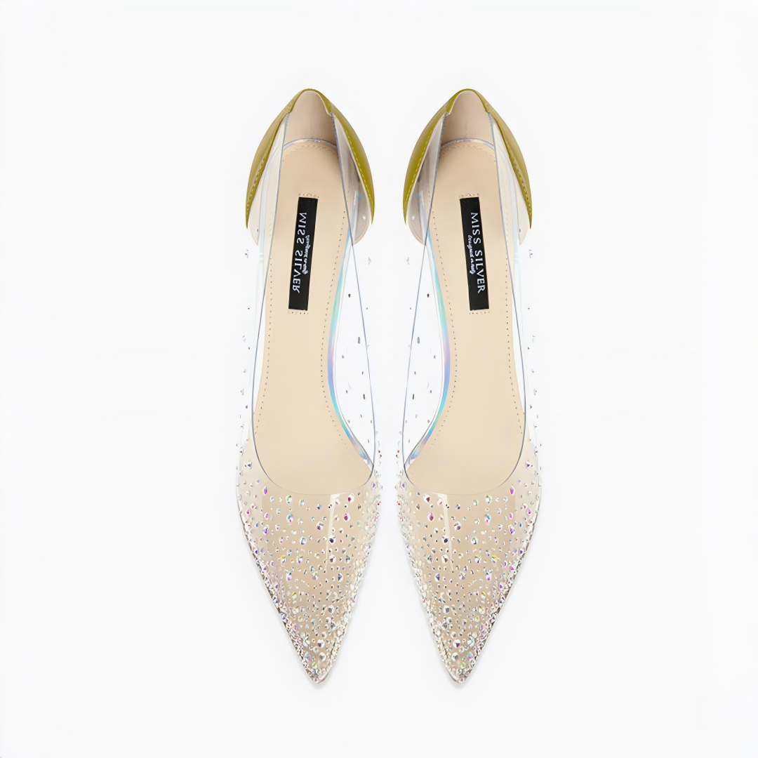 Avocado Green Clear PVC Rhinestone Pointed Toe Stiletto Pumps
