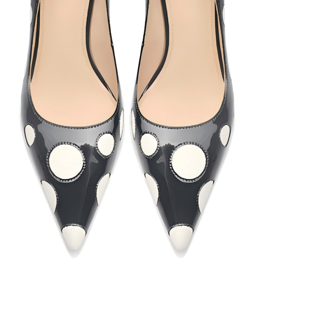 Black Patent Leather Polka Dot Pointed Toe Stiletto Pumps