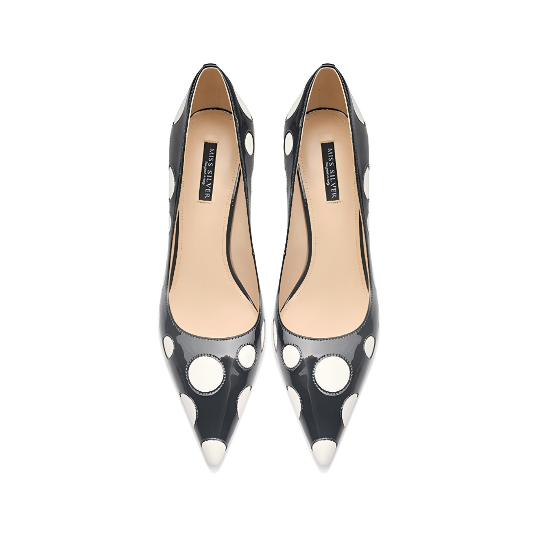 Black Patent Leather Polka Dot Pointed Toe Stiletto Pumps