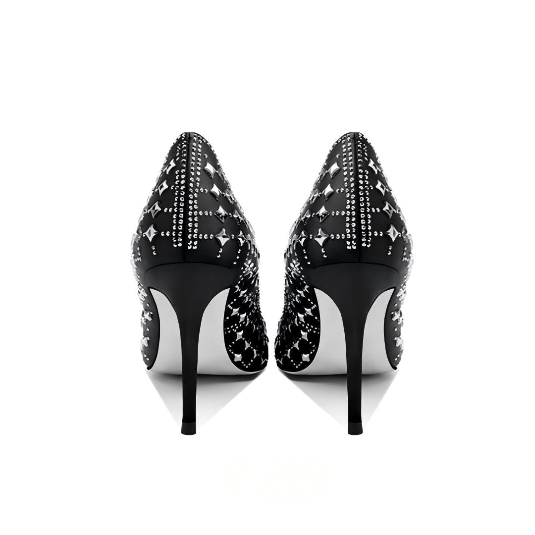 Black Silk Rhinestone Pointed Toe Pumps