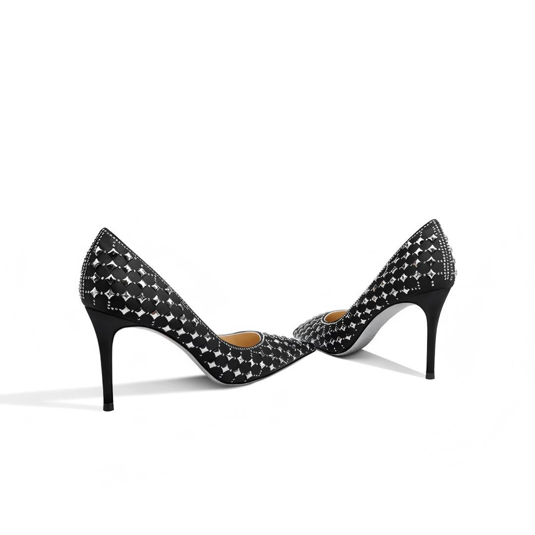 Black Silk Rhinestone Pointed Toe Pumps