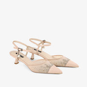 Crystal-Embellished Mesh Pointed-Toe Slingback Pumps