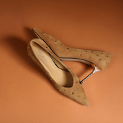 Tan Suede Studded Pointed-Toe Stiletto Pumps