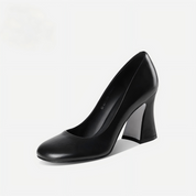 Luxe Black Butter Leather Heels with Comfortable Wide Heel