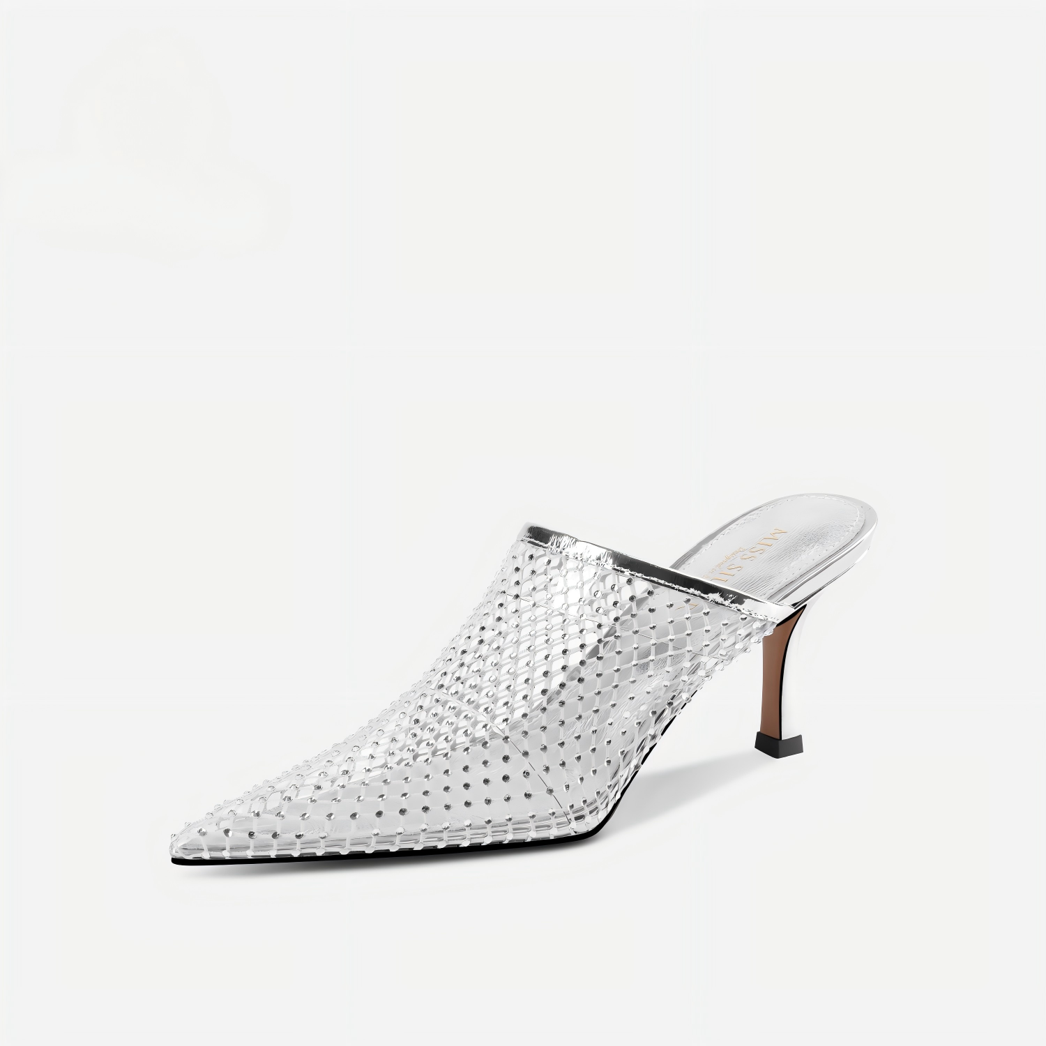 Silver Rhinestone Mesh Pointed Toe Mule Heel Slides