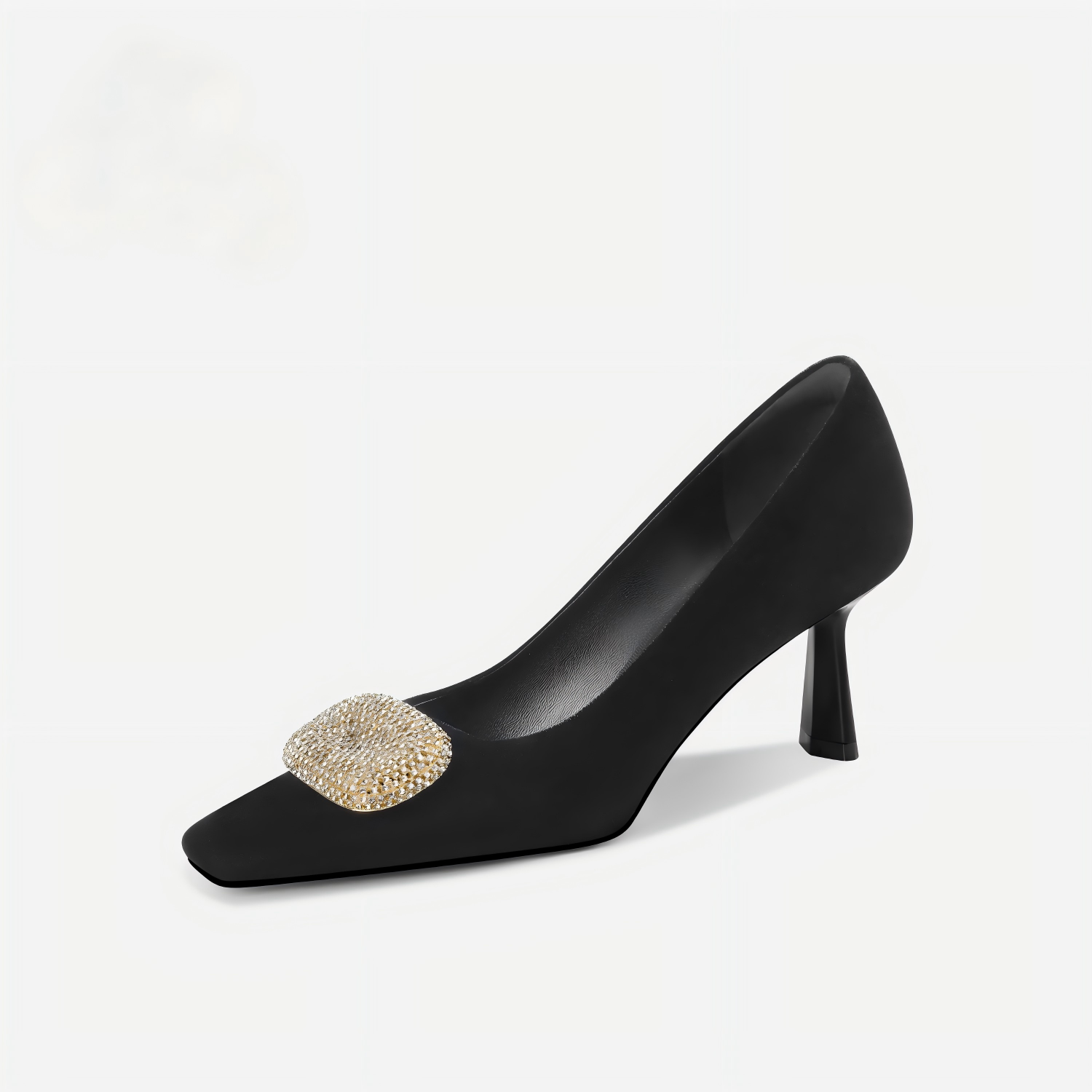 Black Velvet Crystal Buckle Square Toe Kitten Heels