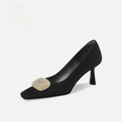 Black Velvet Crystal Buckle Square Toe Kitten Heels