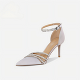 Lilac Satin Leather Crystal Ankle Strap Stiletto Heels