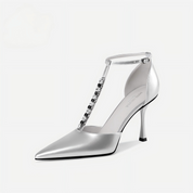 Silver Rhinestone T-Strap Pointed-Toe Stiletto Pumps