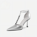 Silver Rhinestone T-Strap Pointed-Toe Stiletto Pumps