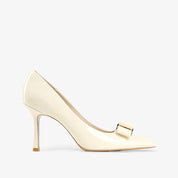 White Patent Leather Pointed Toe Stiletto Heels with Bow