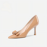 Nude Patent Leather Bow Pointed Toe Stiletto Pumps