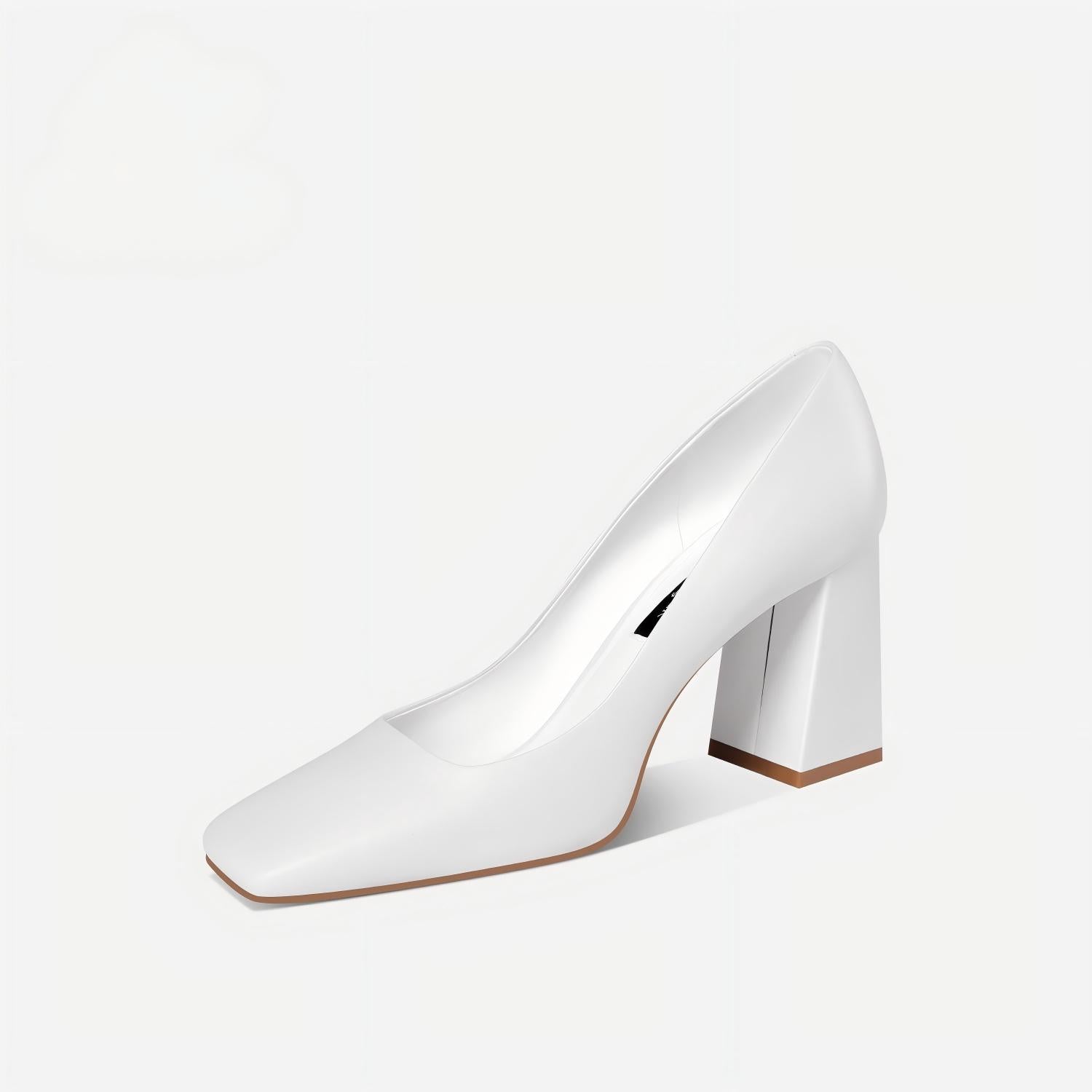 White Calfskin Square-Toe Block Heel Pumps