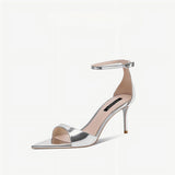 Silver Mirror Finish Ankle Strap Pumps