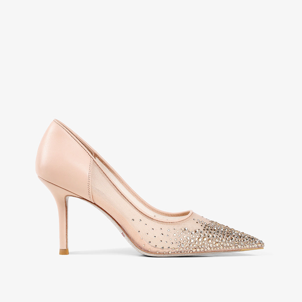 Pink Sheer Mesh Rhinestone Pointed Toe Stiletto Bridal Pumps