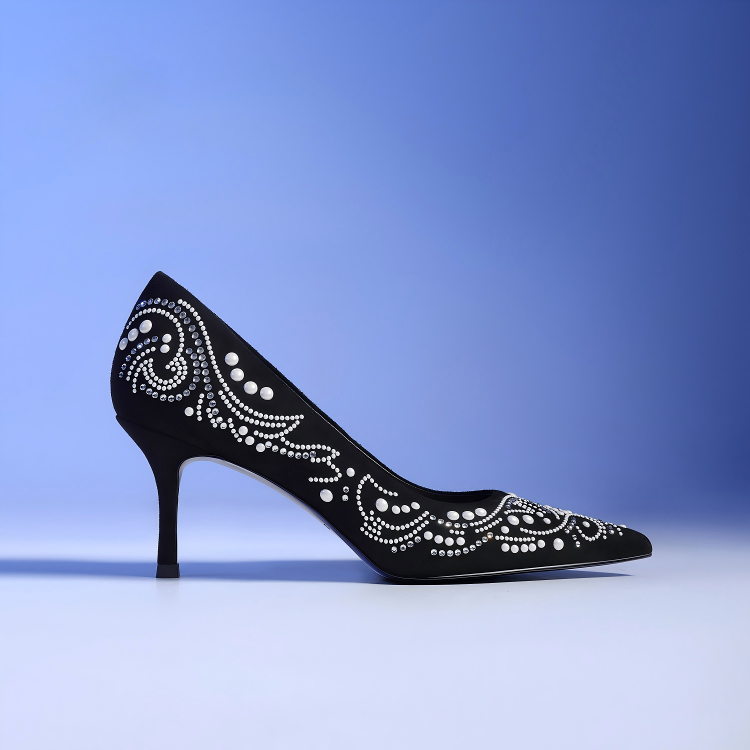 Black Suede Pointed-Toe Stiletto Pumps with Pearl