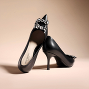Black Calfskin Rhinestone Stiletto Pumps