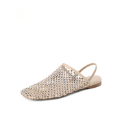 Beige Crystal Mesh Square-Toe Mules