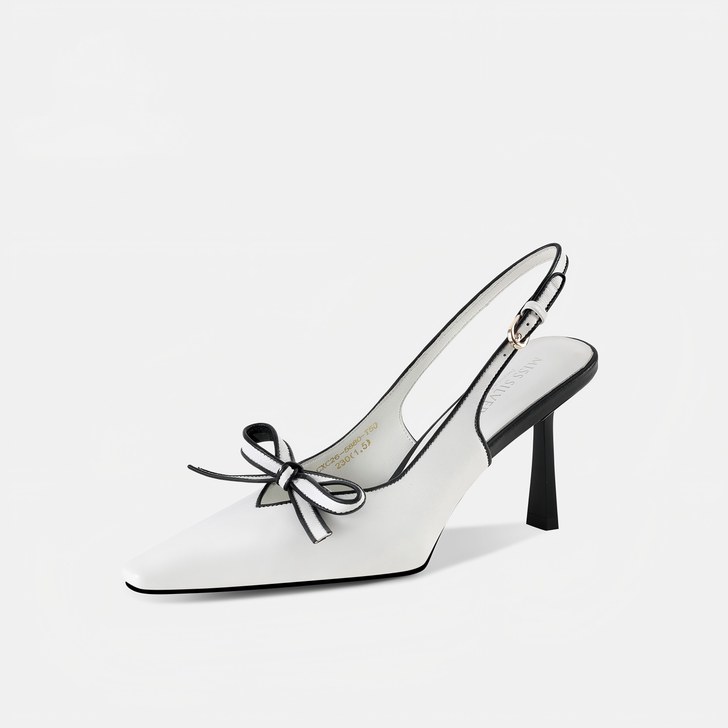 White Black Trim Bow Slingback Pointed Heels