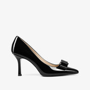 Sleek Black Stiletto Pumps in Patent Leather with Bow Detail