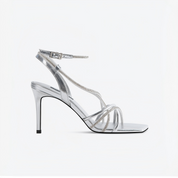 Silver Metallic Rhinestone Crisscross Ankle Strap Stiletto Sandals