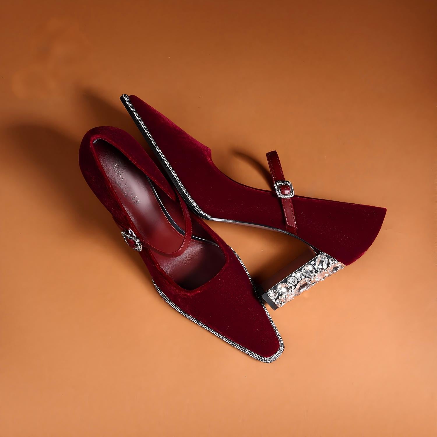 Burgundy Velvet Mary Jane Heels with Crystal