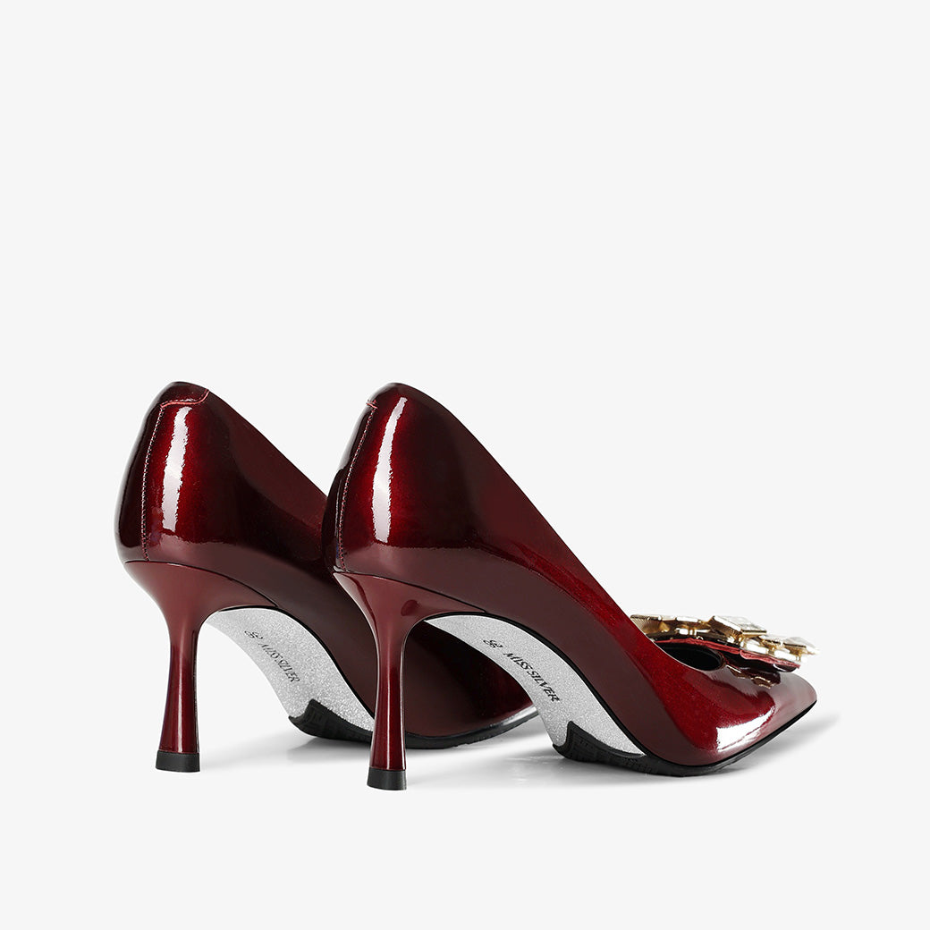 Crystal-Embellished Patent Leather Pointed-Toe Stiletto Pumps