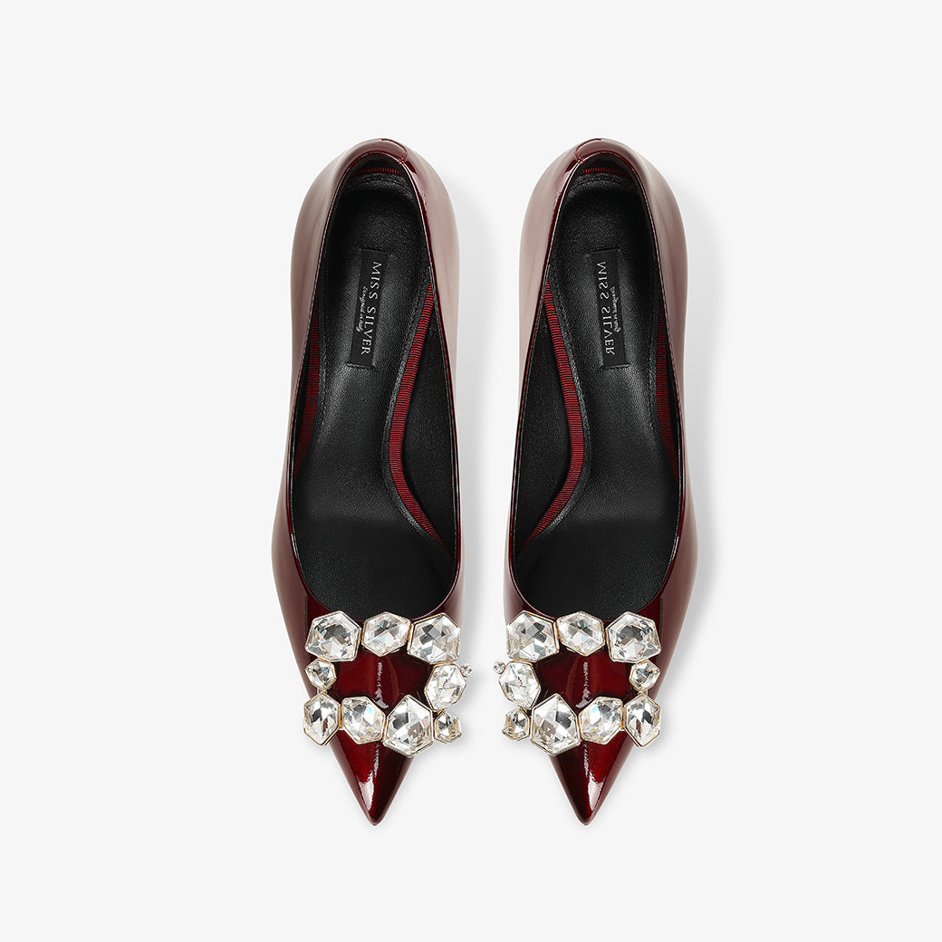 Crystal-Embellished Patent Leather Pointed-Toe Stiletto Pumps